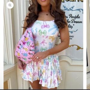 Pastel Bow Print Pleated Athletic Mini Dress